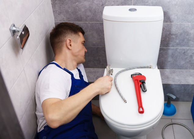 Fontanero arrodillado junto a un inodoro con llave inglesa durante un desatasco de WC en Las Palmas