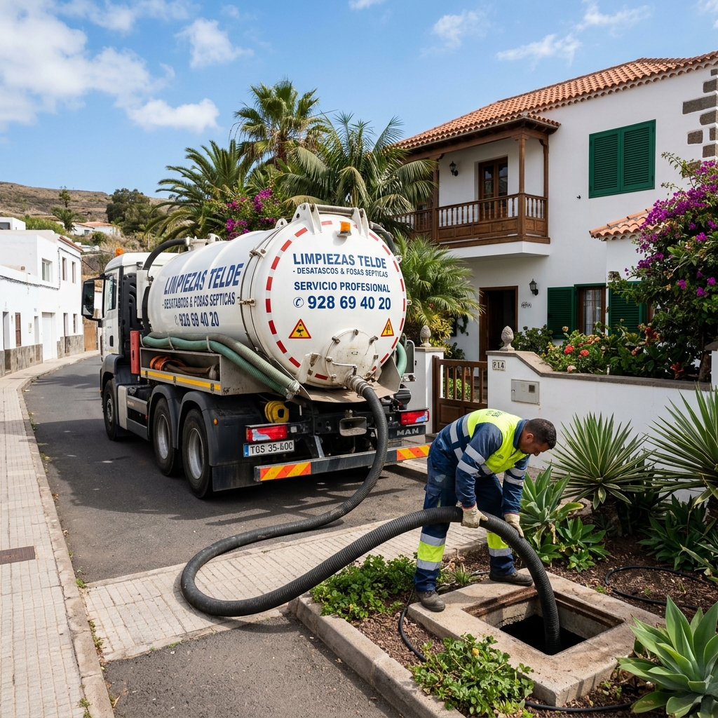 Limpieza de fosa séptica en vivienda unifamiliar de Telde — camión cisterna vaciado y desinfección